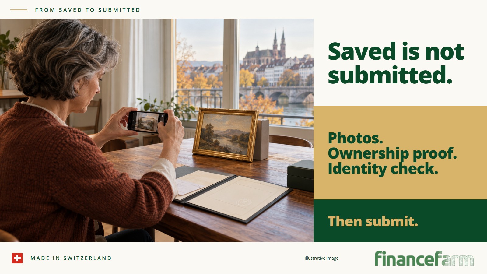From saved to submitted: photos, ownership proof and identity check, then submit